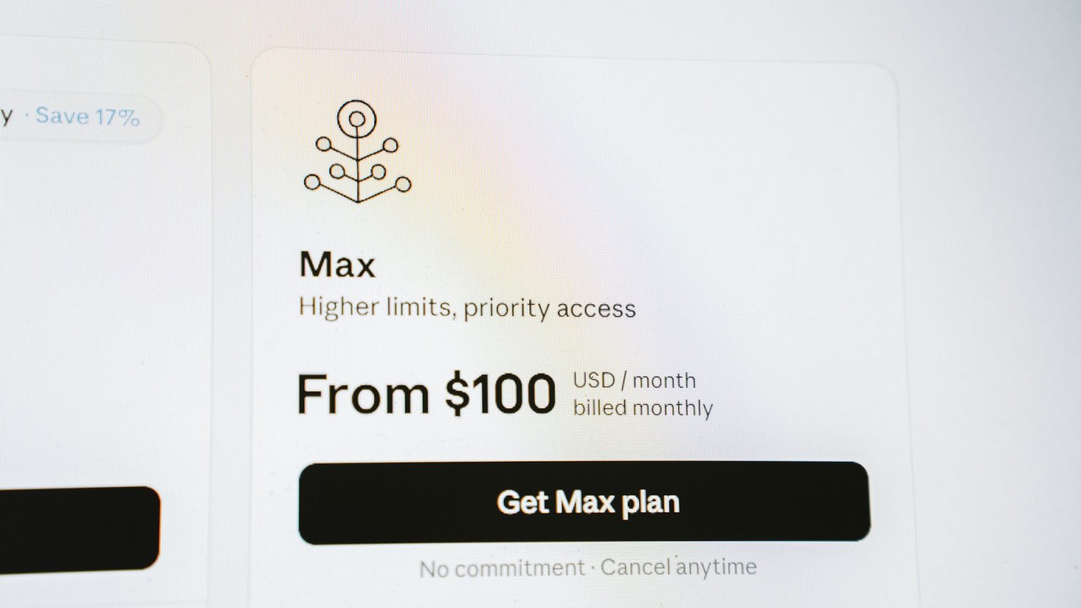 Картка тарифу Max із ціною від $100 на місяць на сторінці тарифів Claude